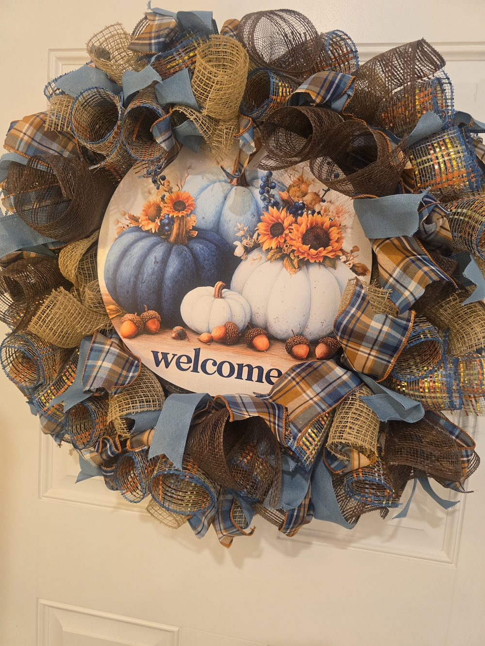 W013 - Welcome Sunflower Fall Blue & White Pumpkin Wreath - Home Holiday Decor